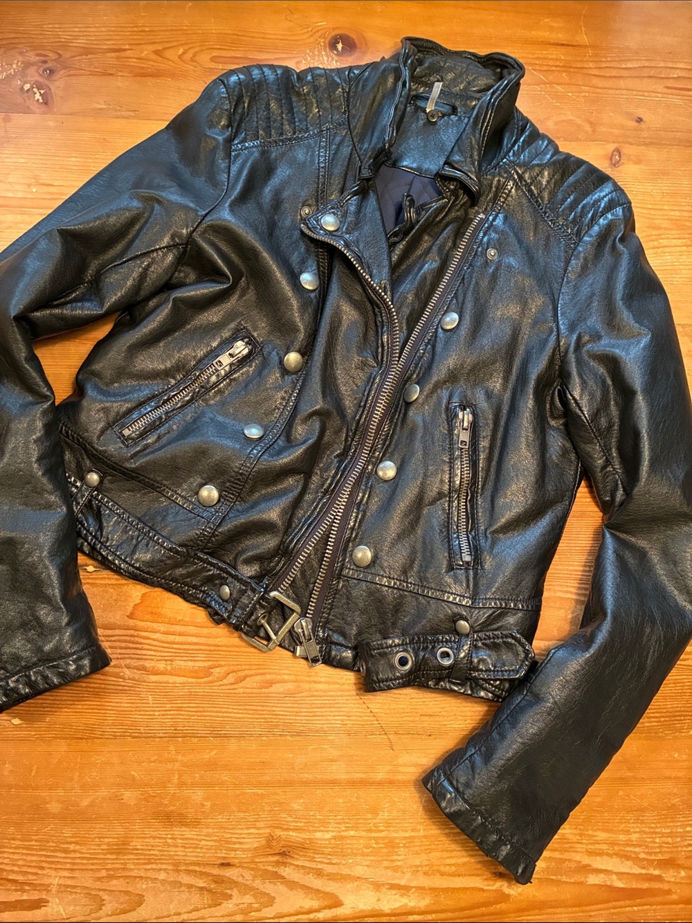 Free People Black Faux Leather Zippered Button Moto Jacket - Size Medium